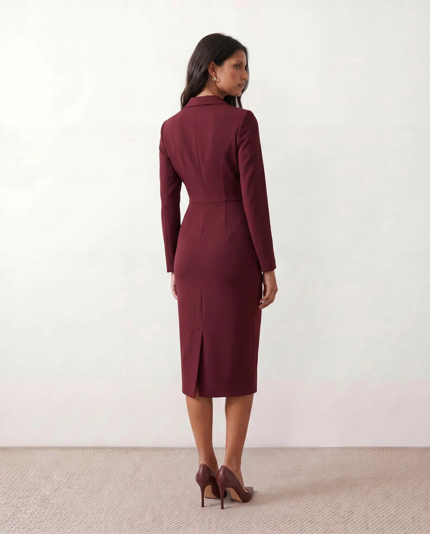 Blazer Midi Dress Women V-Neck Button-Front Back Slit Cocktail