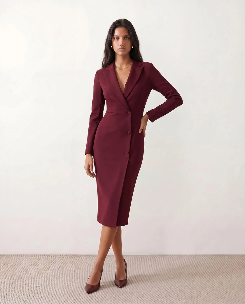 Blazer Midi Dress Women V-Neck Button-Front Back Slit Cocktail