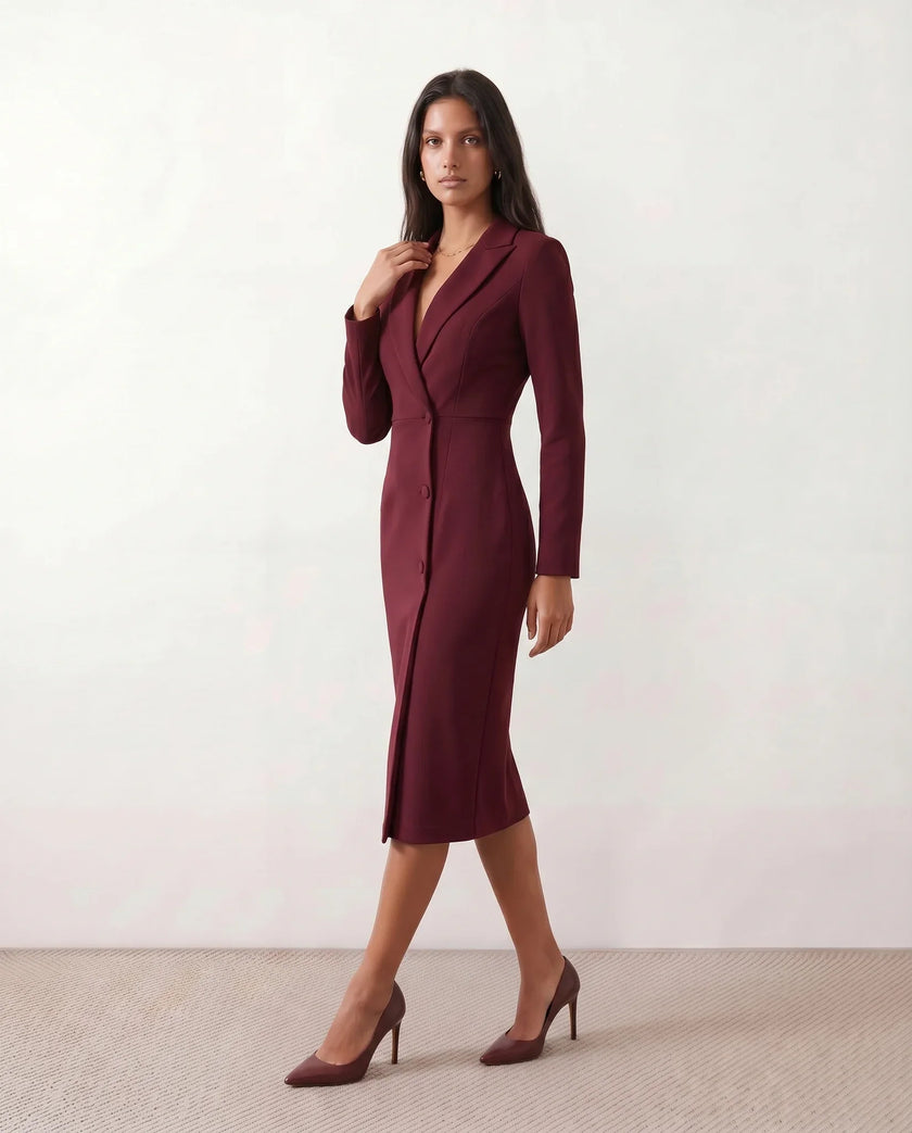 Blazer Midi Dress Women V-Neck Button-Front Back Slit Cocktail