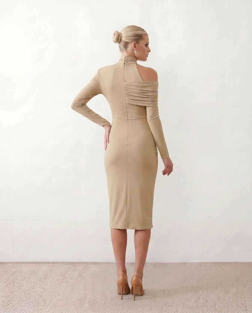 Cocktail Midi Dress Women Asymmetric Mock Neck Open Back Slit