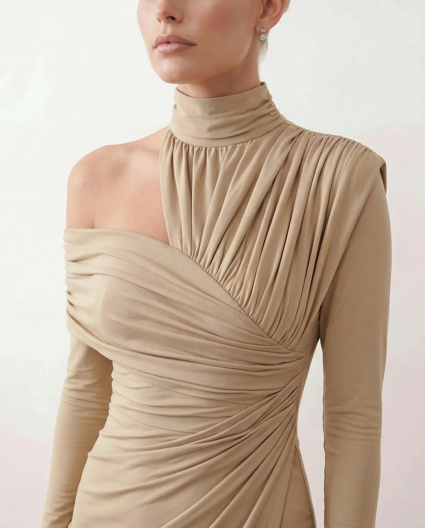 Cocktail Midi Dress Women Asymmetric Mock Neck Open Back Slit
