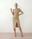 Cocktail Midi Dress Women Asymmetric Mock Neck Open Back Slit