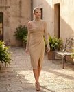 Cocktail Midi Dress Women Asymmetric Mock Neck Open Back Slit