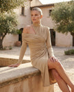 Cocktail Midi Dress Women Asymmetric Mock Neck Open Back Slit