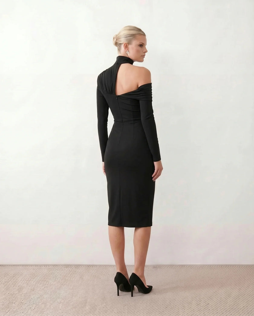 Cocktail Midi Dress Women Asymmetric Mock Neck Open Back Slit
