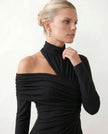 Cocktail Midi Dress Women Asymmetric Mock Neck Open Back Slit