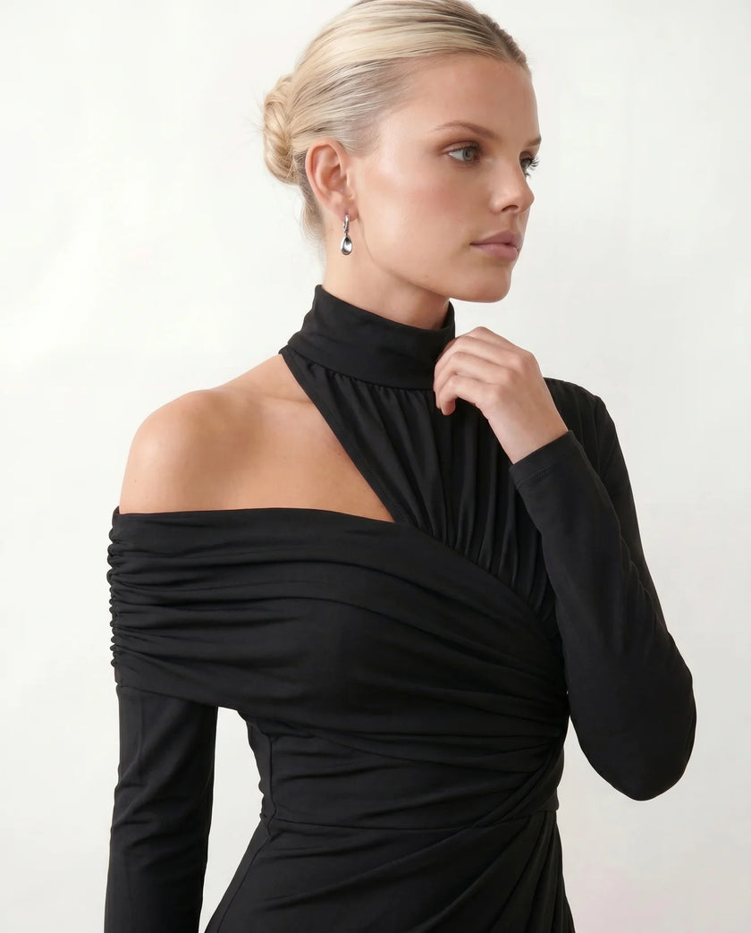 Cocktail Midi Dress Women Asymmetric Mock Neck Open Back Slit