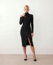 Cocktail Midi Dress Women Asymmetric Mock Neck Open Back Slit