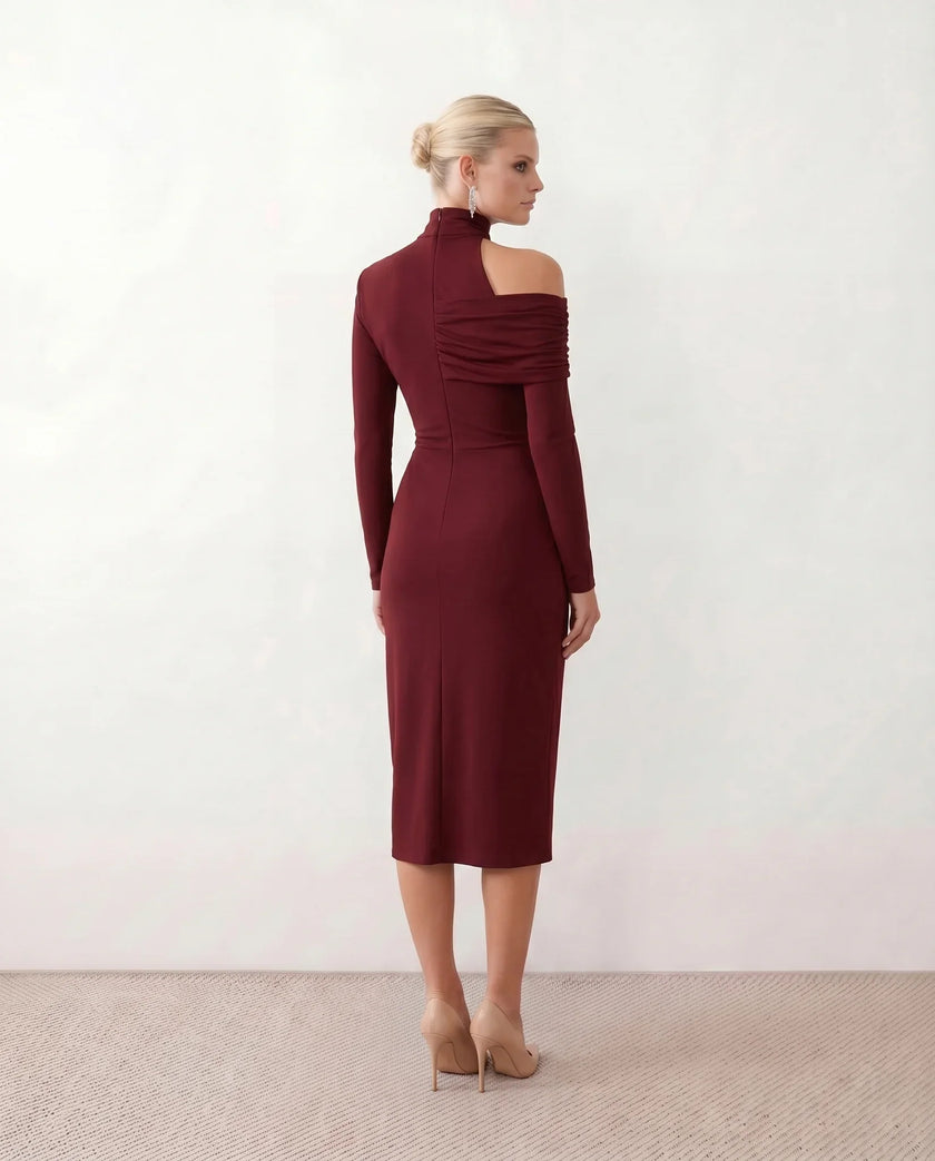 Cocktail Midi Dress Women Asymmetric Mock Neck Open Back Slit