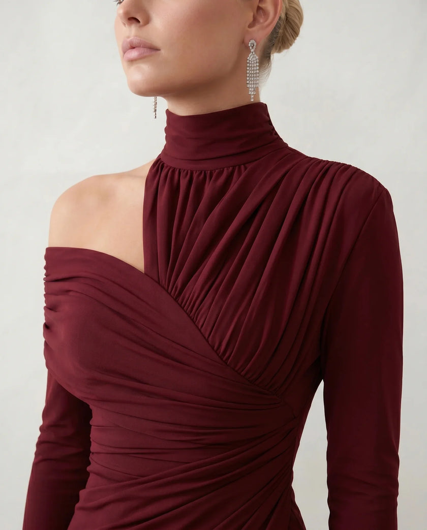 Cocktail Midi Dress Women Asymmetric Mock Neck Open Back Slit