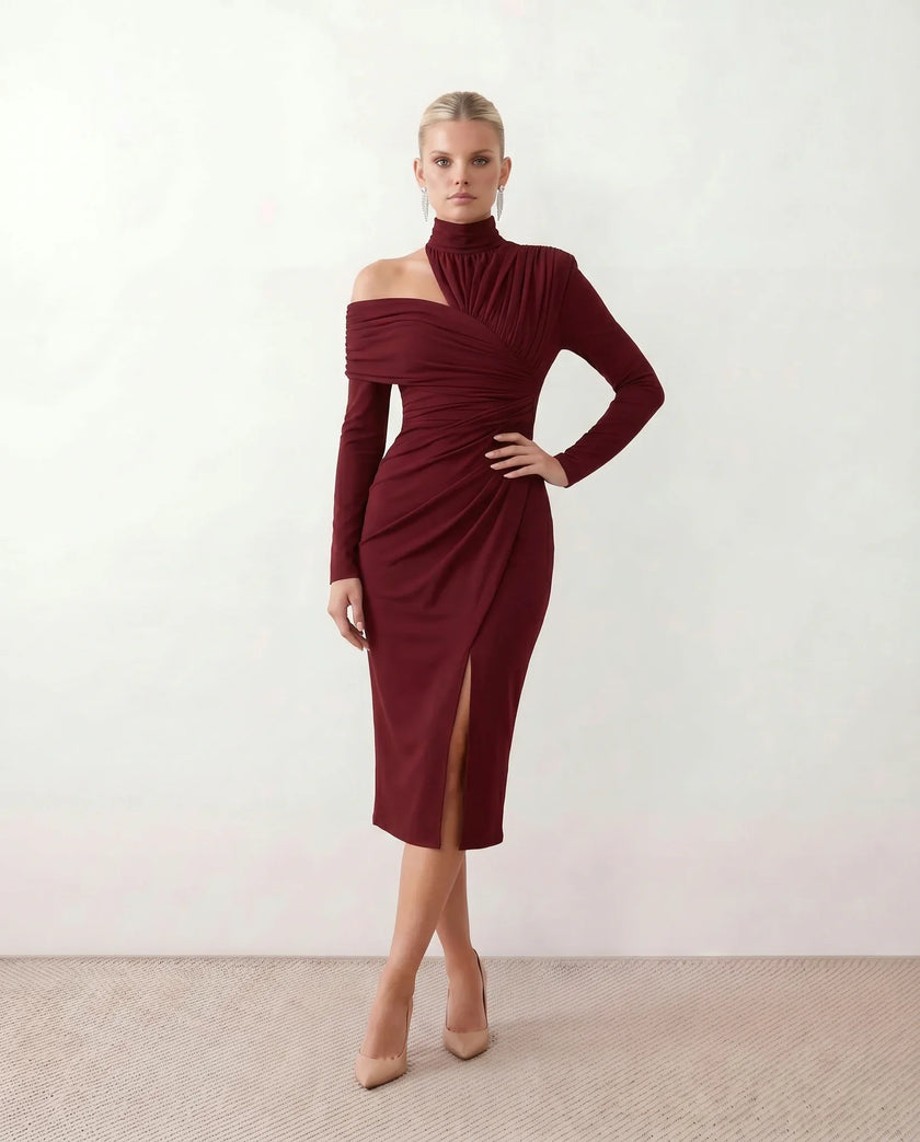 Cocktail Midi Dress Women Asymmetric Mock Neck Open Back Slit