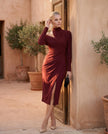 Cocktail Midi Dress Women Asymmetric Mock Neck Open Back Slit