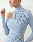 Cocktail Midi Dress Women Asymmetric Mock Neck Open Back Slit