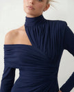 Cocktail Midi Dress Women Asymmetric Mock Neck Open Back Slit