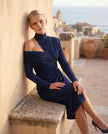 Cocktail Midi Dress Women Asymmetric Mock Neck Open Back Slit