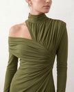 Cocktail Midi Dress Women Asymmetric Mock Neck Open Back Slit