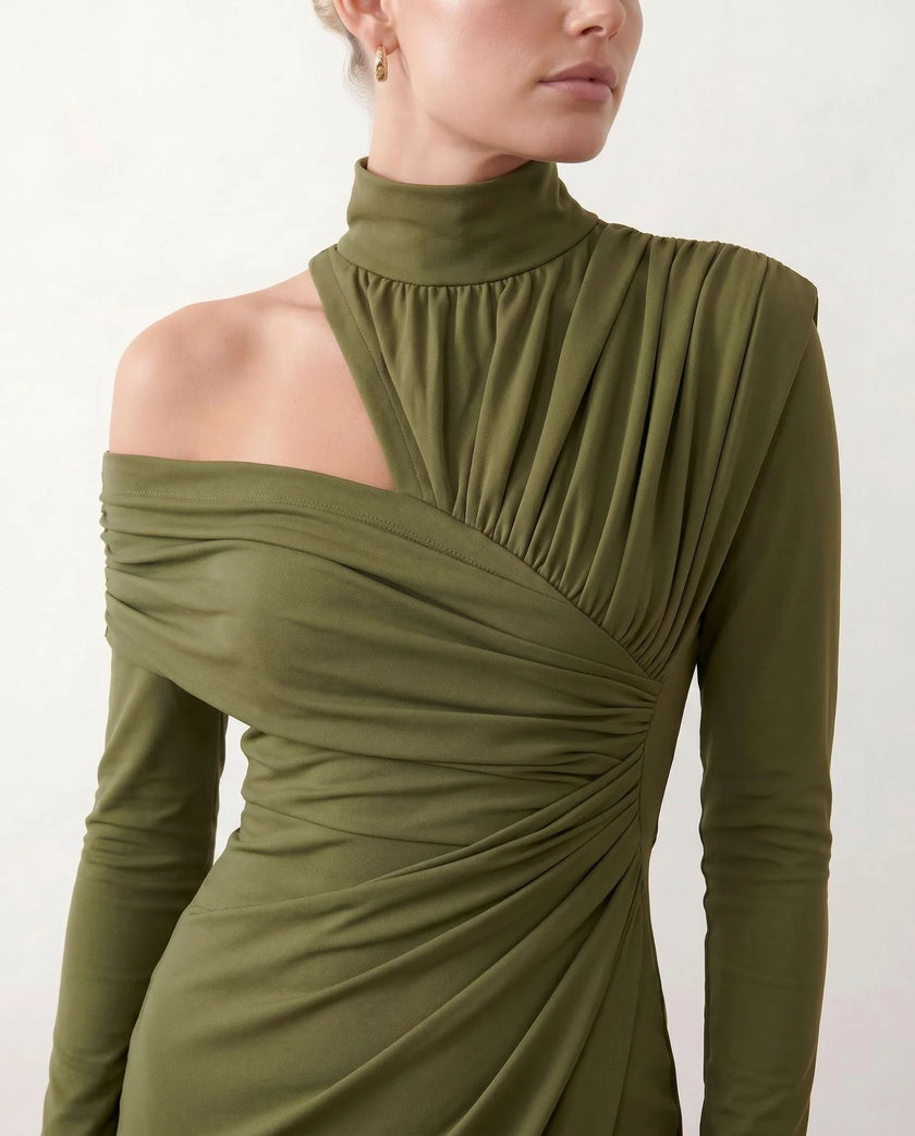 Cocktail Midi Dress Women Asymmetric Mock Neck Open Back Slit