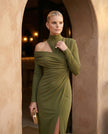 Cocktail Midi Dress Women Asymmetric Mock Neck Open Back Slit