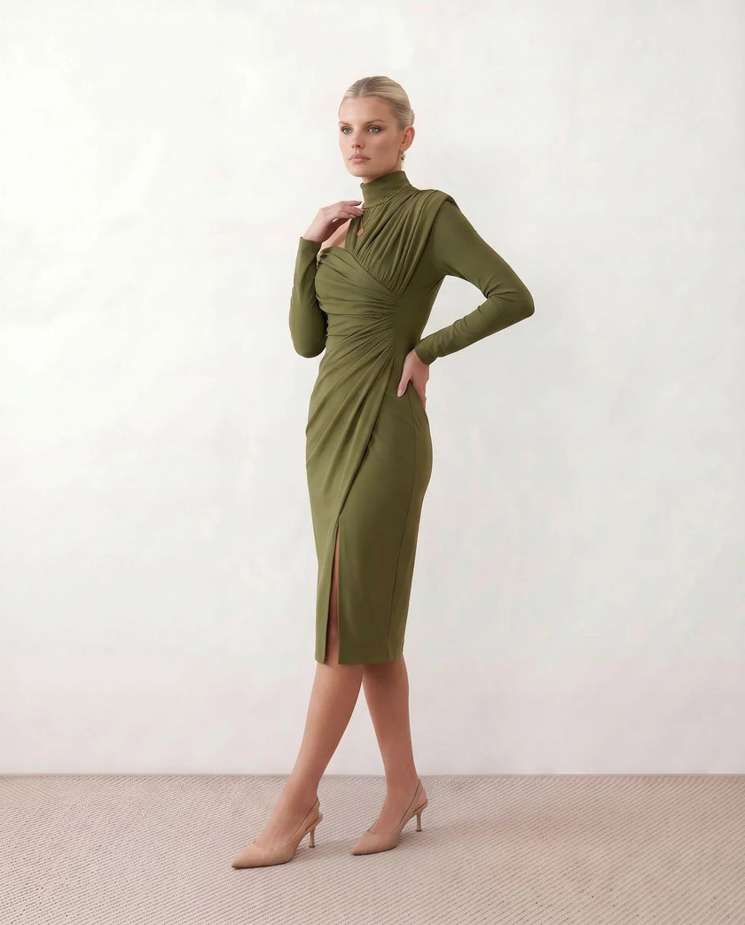 Cocktail Midi Dress Women Asymmetric Mock Neck Open Back Slit