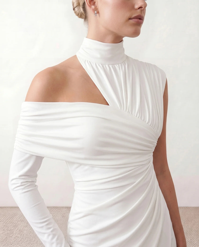 Cocktail Midi Dress Women Asymmetric Mock Neck Open Back Slit