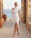 Cocktail Midi Dress Women Asymmetric Mock Neck Open Back Slit