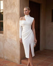 Cocktail Midi Dress Women Asymmetric Mock Neck Open Back Slit