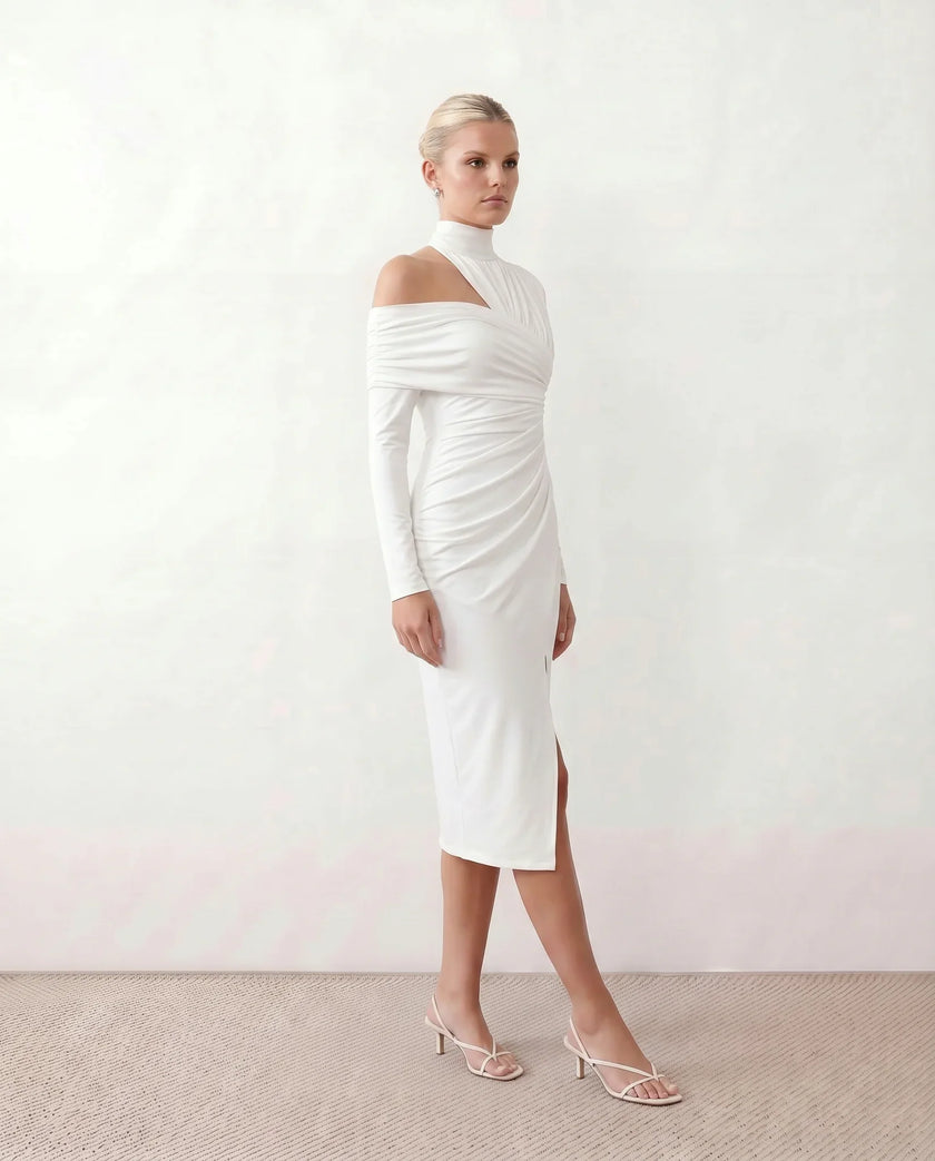 Cocktail Midi Dress Women Asymmetric Mock Neck Open Back Slit