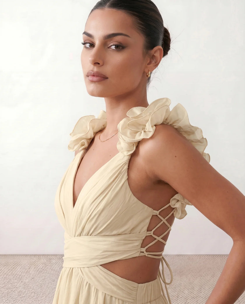 Wedding Guest Midi Dress Women V-Neck Lace-Up Back A-Line