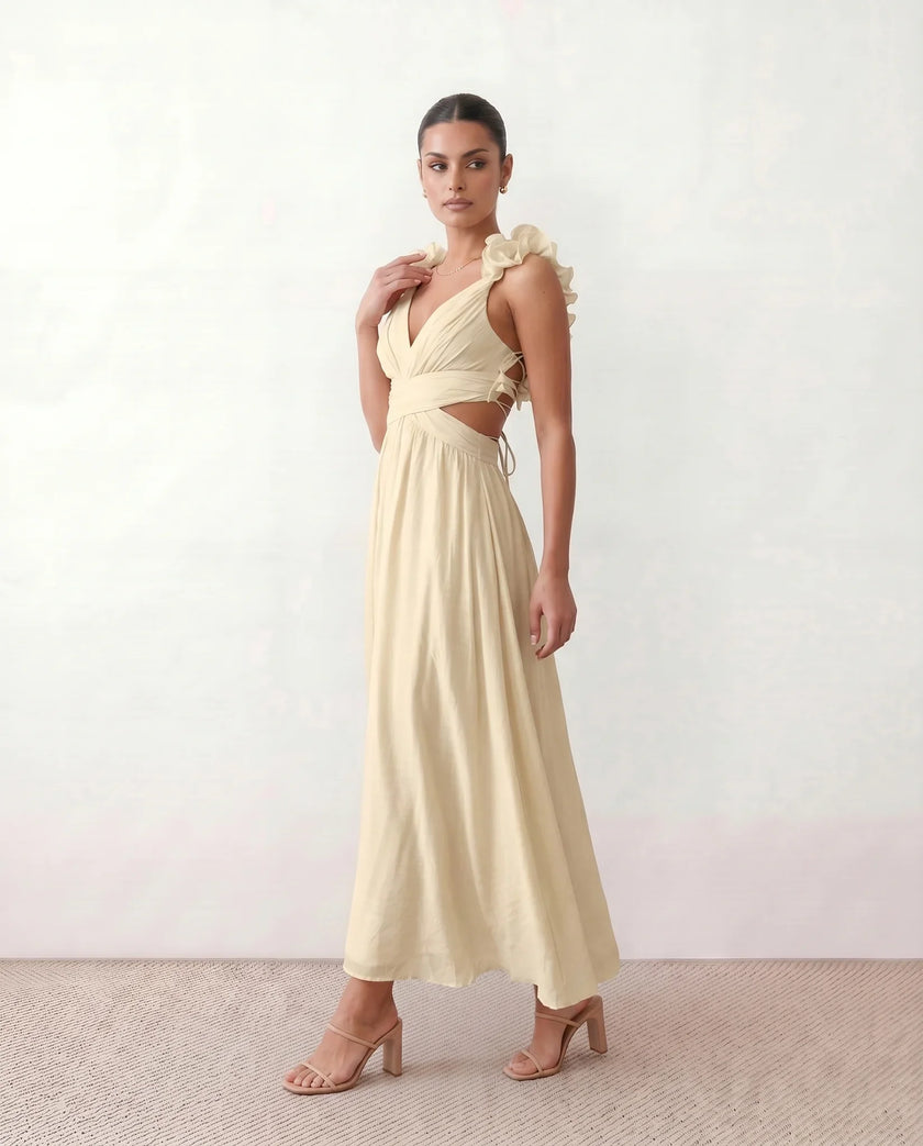 Wedding Guest Midi Dress Women V-Neck Lace-Up Back A-Line