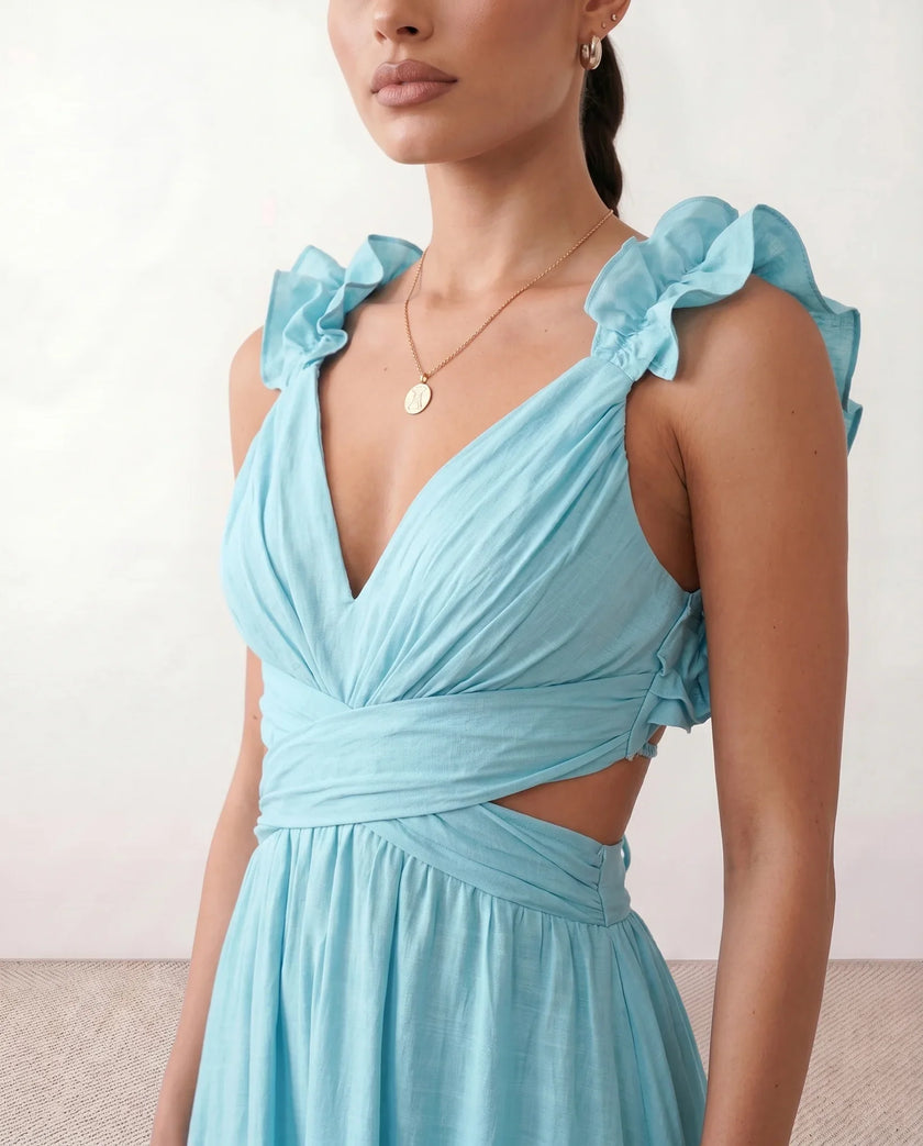 Wedding Guest Midi Dress Women V-Neck Lace-Up Back A-Line