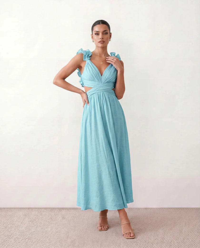 Wedding Guest Midi Dress Women V-Neck Lace-Up Back A-Line