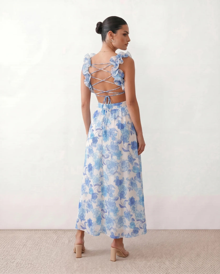 Wedding Guest Midi Dress Women V-Neck Lace-Up Back A-Line