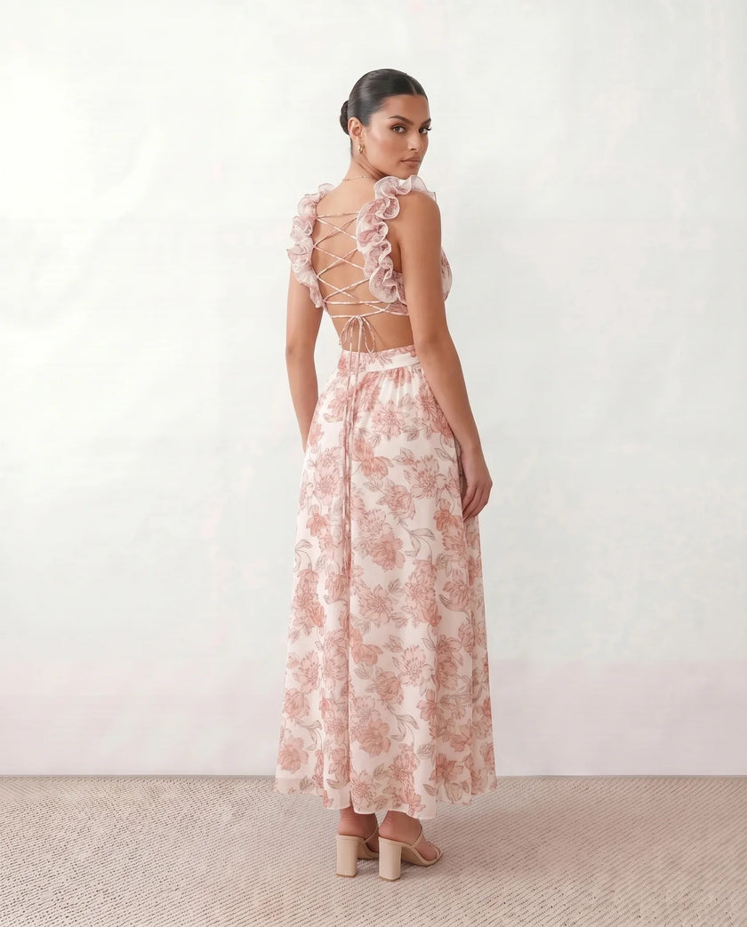Wedding Guest Midi Dress Women V-Neck Lace-Up Back A-Line
