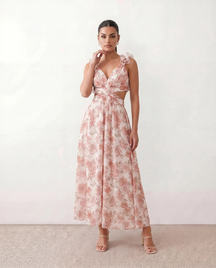 Wedding Guest Midi Dress Women V-Neck Lace-Up Back A-Line