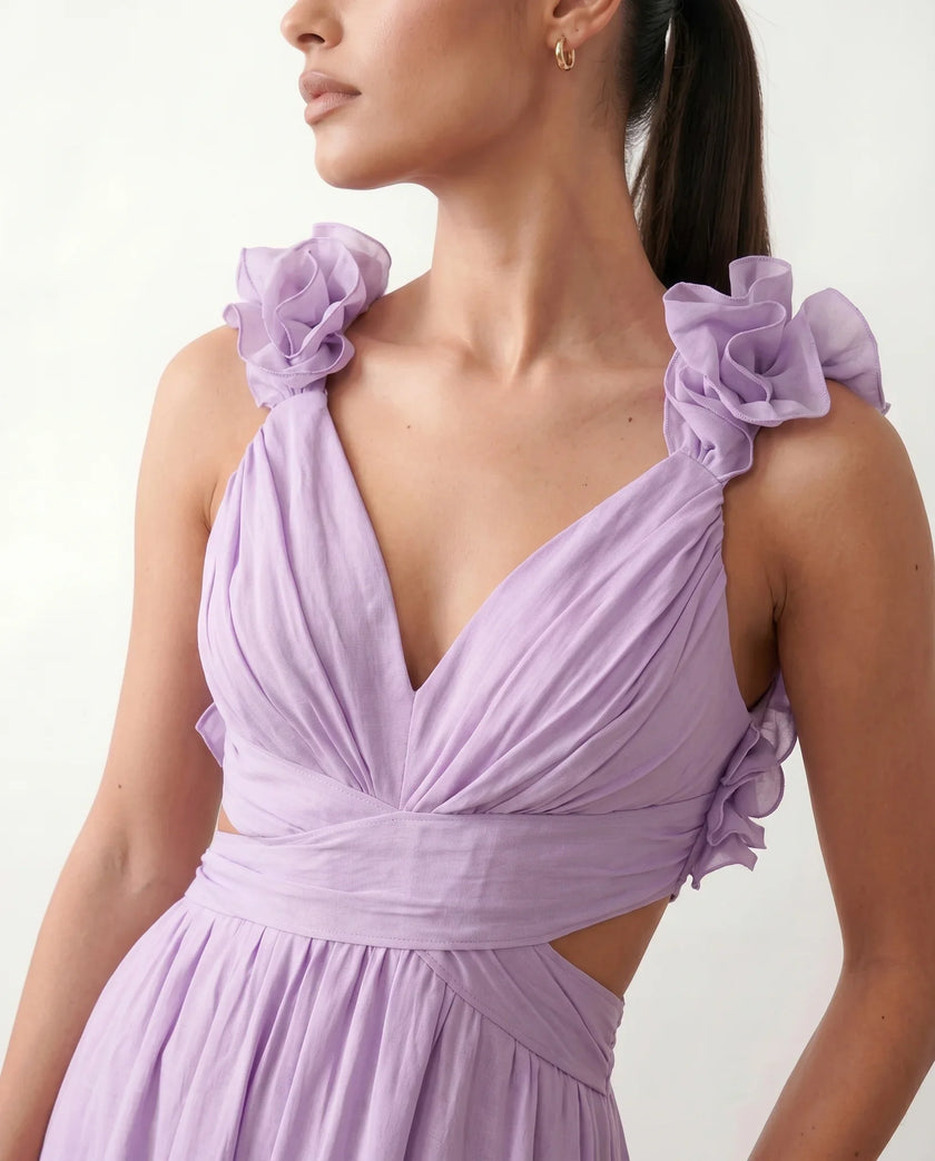 Wedding Guest Midi Dress Women V-Neck Lace-Up Back A-Line