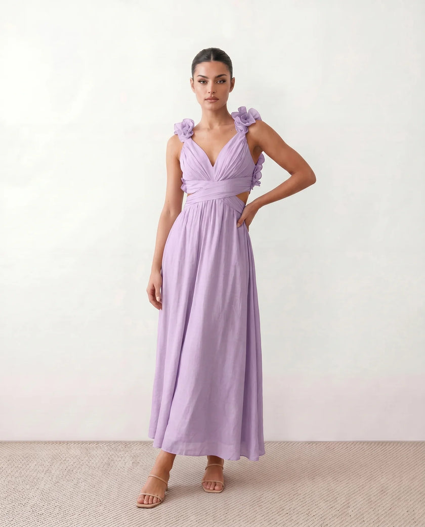 Wedding Guest Midi Dress Women V-Neck Lace-Up Back A-Line