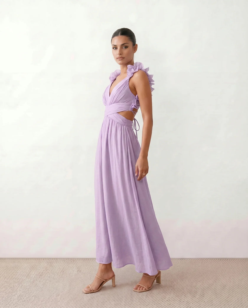 Wedding Guest Midi Dress Women V-Neck Lace-Up Back A-Line
