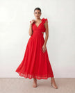 Wedding Guest Midi Dress Women V-Neck Lace-Up Back A-Line