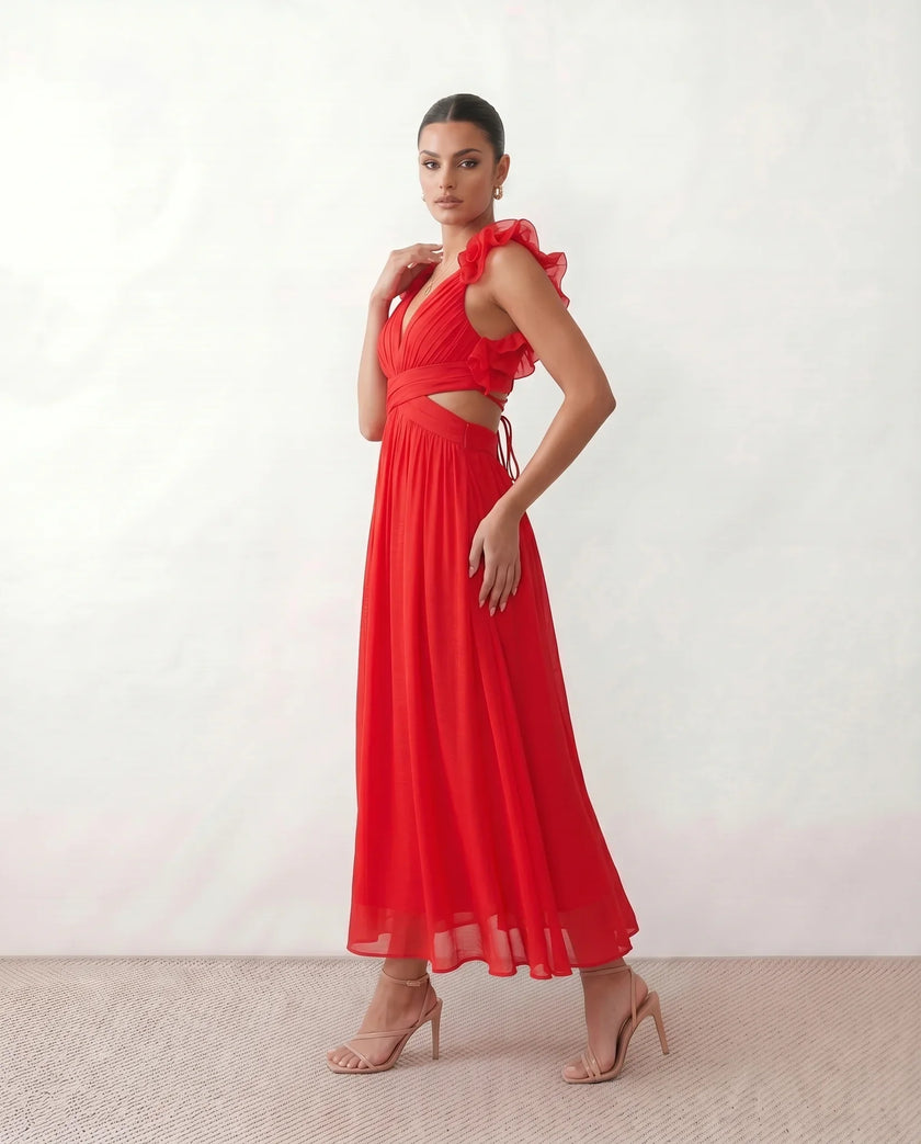 Wedding Guest Midi Dress Women V-Neck Lace-Up Back A-Line