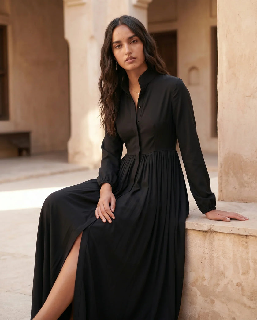 Maxi Dress Women, Wedding Guest Button-Front Lantern Sleeve A-Line