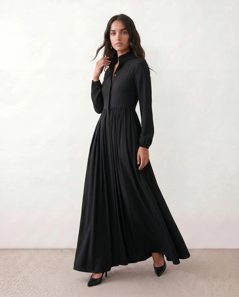 Maxi Dress Women, Wedding Guest Button-Front Lantern Sleeve A-Line