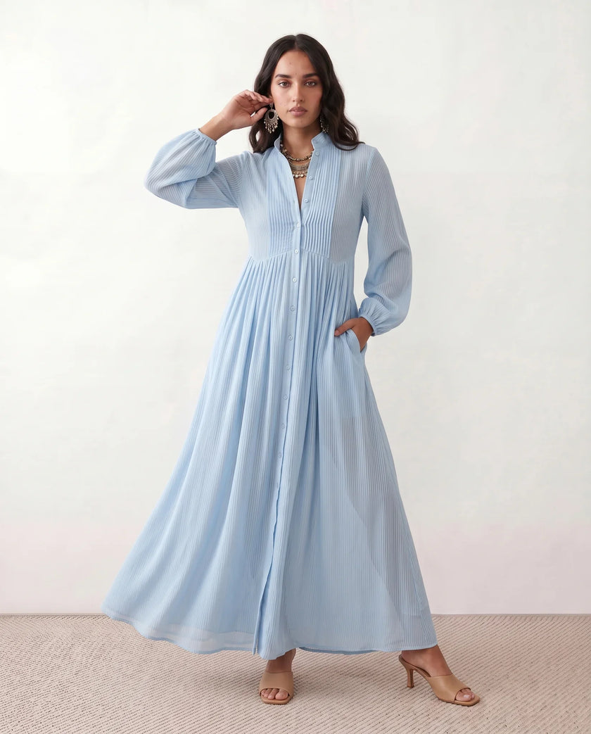 Maxi Dress Women, Wedding Guest Button-Front Lantern Sleeve A-Line