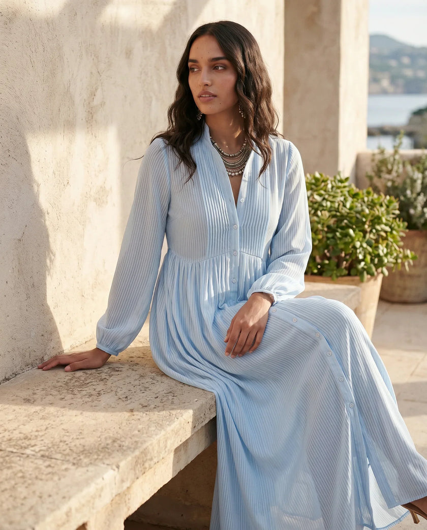 Maxi Dress Women, Wedding Guest Button-Front Lantern Sleeve A-Line