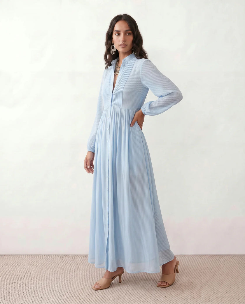 Maxi Dress Women, Wedding Guest Button-Front Lantern Sleeve A-Line