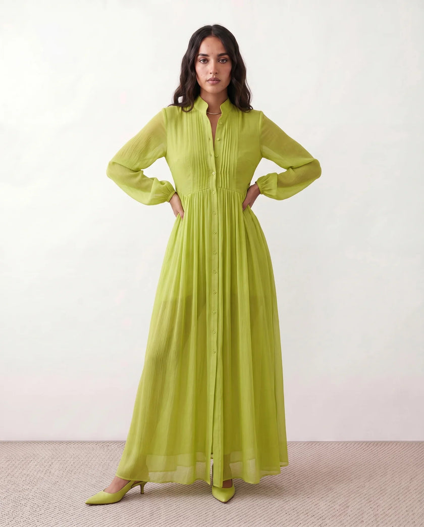 Maxi Dress Women, Wedding Guest Button-Front Lantern Sleeve A-Line