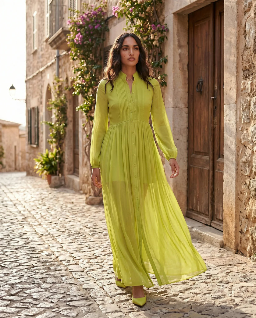 Maxi Dress Women, Wedding Guest Button-Front Lantern Sleeve A-Line