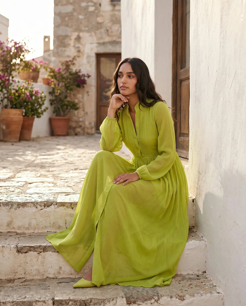Maxi Dress Women, Wedding Guest Button-Front Lantern Sleeve A-Line