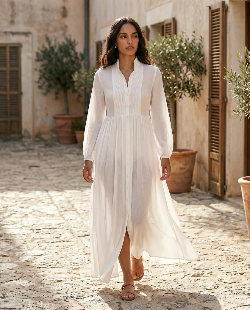 Maxi Dress Women, Wedding Guest Button-Front Lantern Sleeve A-Line