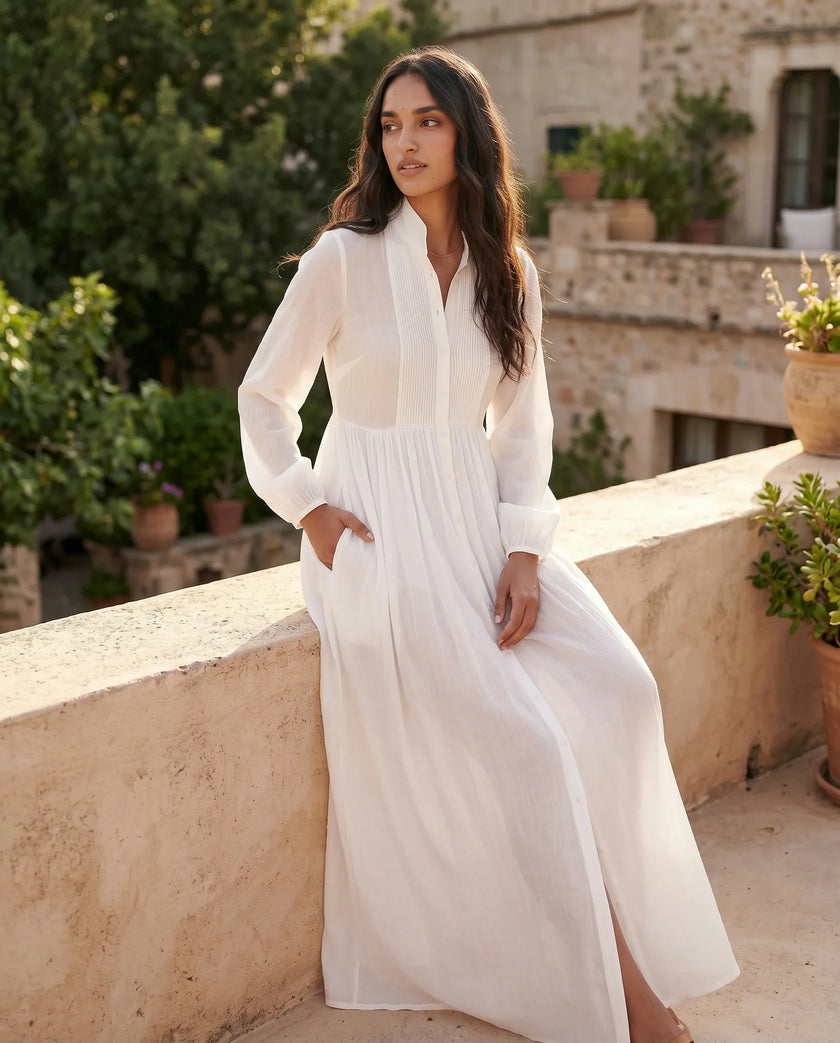 Maxi Dress Women, Wedding Guest Button-Front Lantern Sleeve A-Line