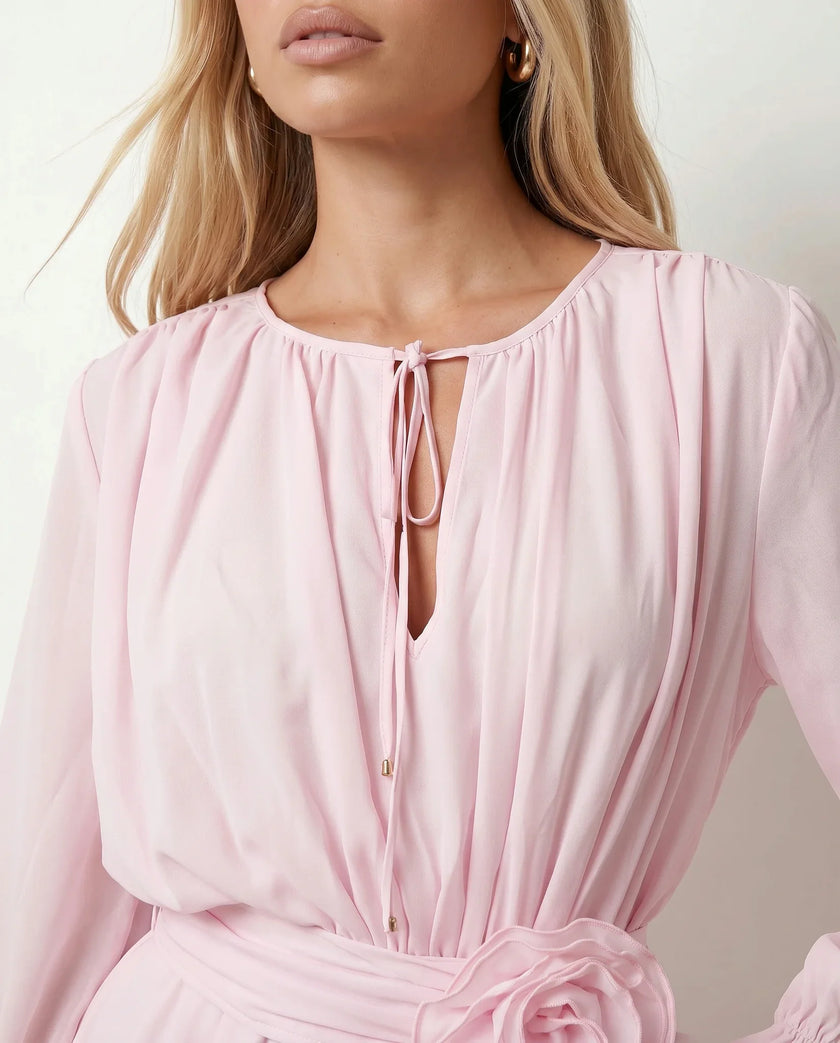 Pleated Mini Dress Women Keyhole Neck Long Sleeve Ruffle Hem Party